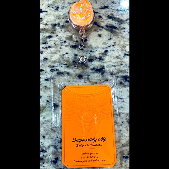 Hand Crafted Accessories - Name badge holder. Badge pull. Orange glitter flower. badge reel.